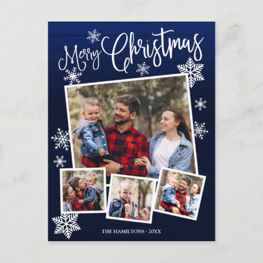Vrolijk kerstfeest Snowflake Rustic 4 foto's Briefkaart (Voorkant)
