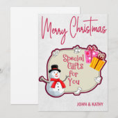Vrolijk kerstfeest Snowman Cadeaus Holiday Kaart (Voorkant / Achterkant)