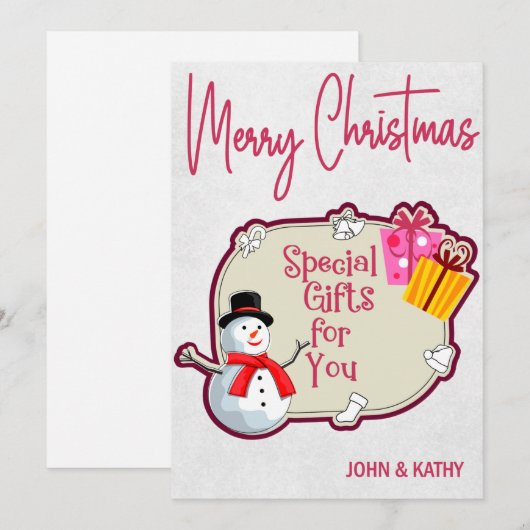 Vrolijk kerstfeest Snowman Cadeaus Holiday Kaart (Voorkant / Achterkant)