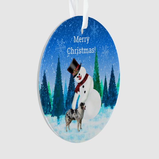 Vrolijk kerstfeest Snowman en Australian Shepherd Ornament (voorkant)