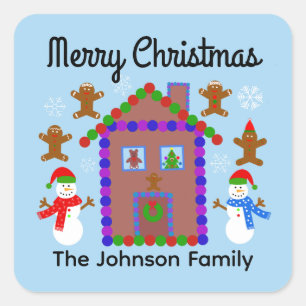 Vrolijk kerstfeest Snowman & House #3 Ttickers Vierkante Sticker
