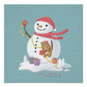 Vrolijk Kerstfeest: Snowman Illustratie Kunst Perfect Poster