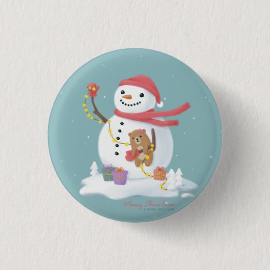 Vrolijk Kerstfeest: Snowman Illustratie Kunst Ronde Button 3,2 Cm (Voorkant)