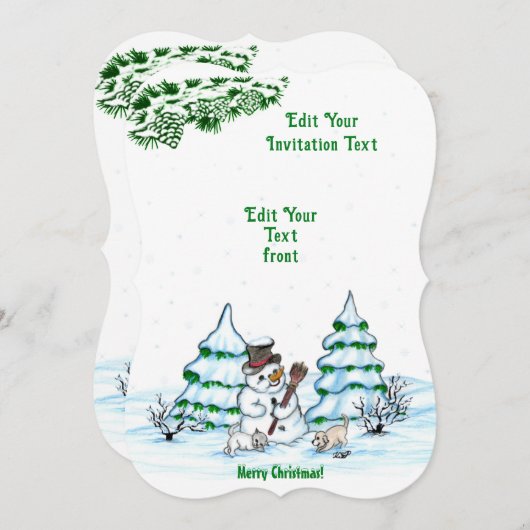 Vrolijk kerstfeest! Snowman met Cat en Puppy Invit Kaart (Voorkant / Achterkant)