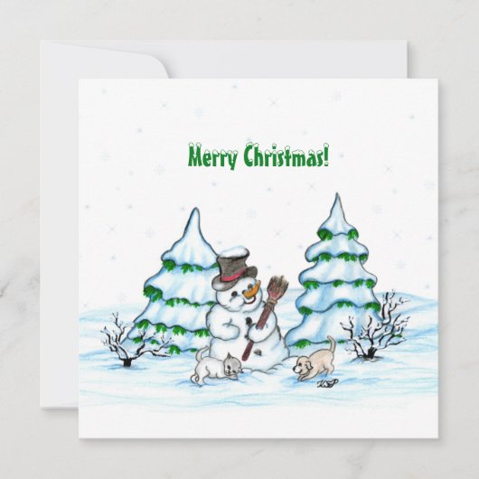Vrolijk kerstfeest! Snowman met kat en puppy (Voorkant)