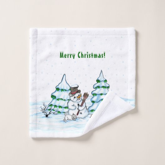 Vrolijk kerstfeest! Snowman met kat en puppy Bad Handdoek (Wasdoekje)