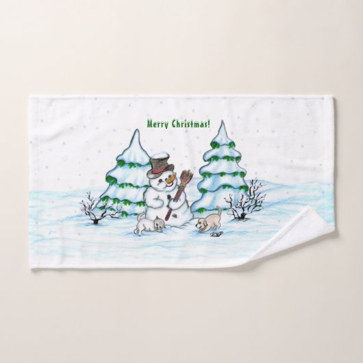 Vrolijk kerstfeest! Snowman met kat en puppy Bad Handdoek (Handdoek)