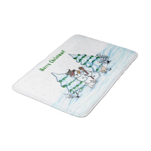 Vrolijk kerstfeest! Snowman met kat en puppy Badmat (Gekanteld)