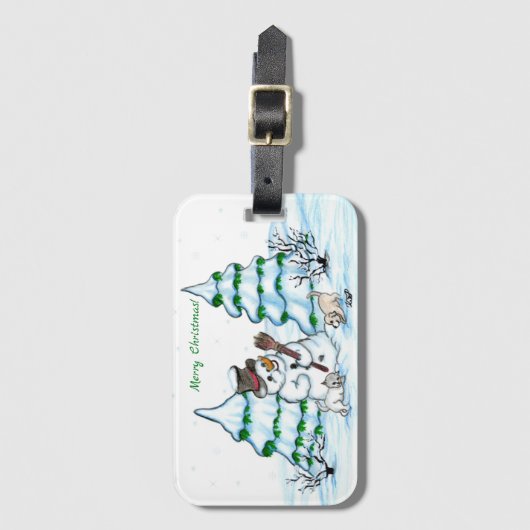 Vrolijk kerstfeest! Snowman met kat en puppy Bagagelabel (Voorkant (verticaal))