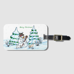 Vrolijk kerstfeest! Snowman met kat en puppy Bagagelabel