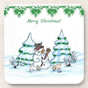 Vrolijk kerstfeest! Snowman met kat en puppy Bier Onderzetter