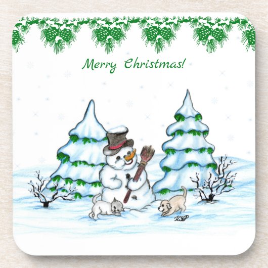 Vrolijk kerstfeest! Snowman met kat en puppy Bier Onderzetter (Voorkant)