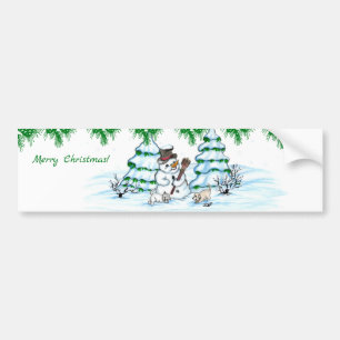 Vrolijk kerstfeest! Snowman met kat en puppy Bumpersticker