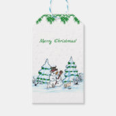Vrolijk kerstfeest! Snowman met kat en puppy Cadeaulabel (Voorkant)