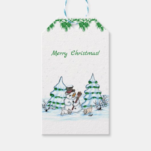 Vrolijk kerstfeest! Snowman met kat en puppy Cadeaulabel (Voorkant)