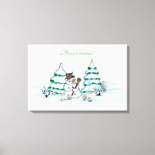 Vrolijk kerstfeest! Snowman met kat en puppy Canvas Afdruk