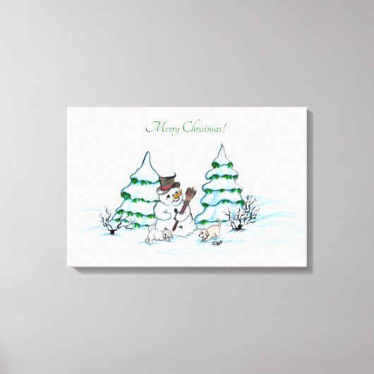 Vrolijk kerstfeest! Snowman met kat en puppy Canvas Afdruk (Voorkant)