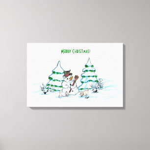 Vrolijk kerstfeest! Snowman met kat en puppy Canvas Afdruk