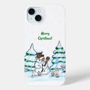 Vrolijk kerstfeest! Snowman met kat en puppy iPhone 15 Mini Hoesje