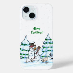 Vrolijk kerstfeest! Snowman met kat en puppy iPhone 15 Case