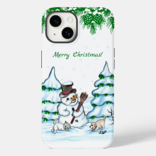 Vrolijk kerstfeest! Snowman met kat en puppy Case-Mate iPhone 14 Hoesje