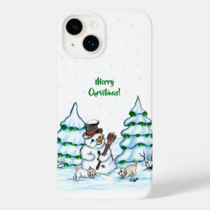 Vrolijk kerstfeest! Snowman met kat en puppy Case-Mate iPhone 14 Hoesje