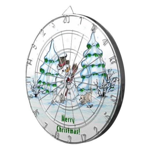 Vrolijk kerstfeest! Snowman met kat en puppy Dartbord (Voorkant Rechts)