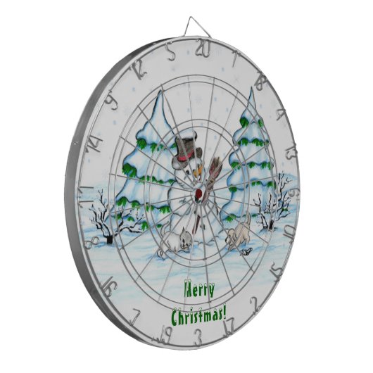 Vrolijk kerstfeest! Snowman met kat en puppy Dartbord (Voorkant Links)