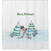 Vrolijk kerstfeest! Snowman met kat en puppy Douchegordijn (Voorkant)