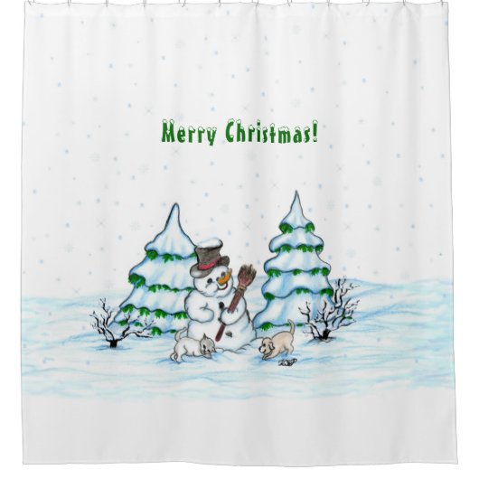 Vrolijk kerstfeest! Snowman met kat en puppy Douchegordijn (Voorkant)