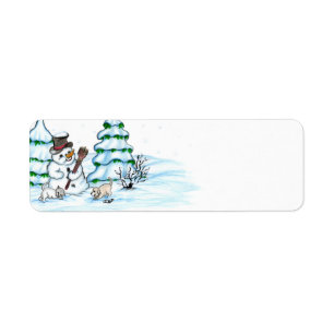 Vrolijk kerstfeest! Snowman met kat en puppy Etiket