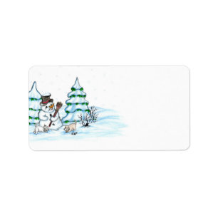 Vrolijk kerstfeest! Snowman met kat en puppy Etiket