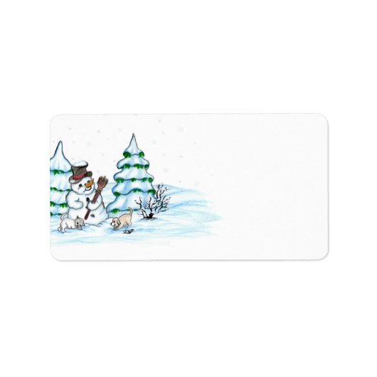 Vrolijk kerstfeest! Snowman met kat en puppy Etiket (Voorkant)