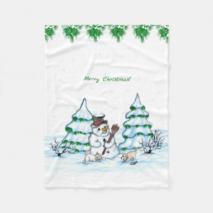 Vrolijk kerstfeest! Snowman met kat en puppy Fleece Deken