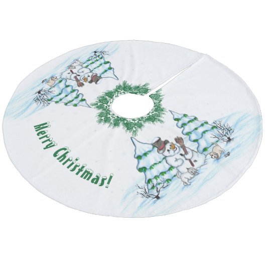Vrolijk kerstfeest! Snowman met kat en puppy Fleece Kerstboom Rok (Gekanteld)