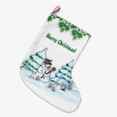 Vrolijk kerstfeest! Snowman met kat en puppy Grote Kerstsok (Voorkant (Hangend))