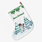 Vrolijk kerstfeest! Snowman met kat en puppy Grote Kerstsok (Achterkant (Hangend))