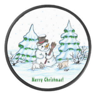 Vrolijk kerstfeest! Snowman met kat en puppy Hockey Puck