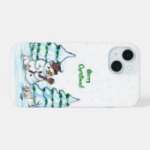 Vrolijk kerstfeest! Snowman met kat en puppy iPhone 15 Case (Achterkant horizontaal)