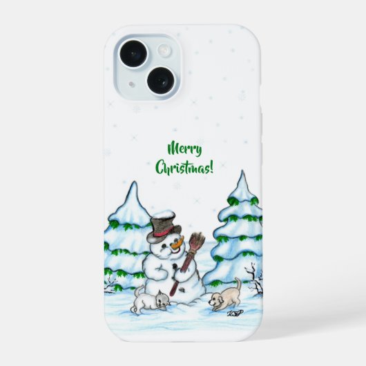 Vrolijk kerstfeest! Snowman met kat en puppy iPhone 15 Case (Achterkant)