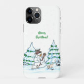 Vrolijk kerstfeest! Snowman met kat en puppy iPhone Hoesje (Achterkant)