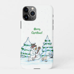 Vrolijk kerstfeest! Snowman met kat en puppy iPhone 11Pro Hoesje