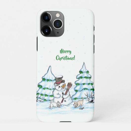 Vrolijk kerstfeest! Snowman met kat en puppy iPhone Hoesje (Achterkant)