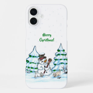 Vrolijk kerstfeest! Snowman met kat en puppy iPhone 16 Plus Hoesje