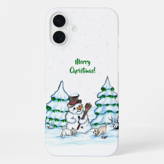 Vrolijk kerstfeest! Snowman met kat en puppy iPhone Hoesje (Achterkant)