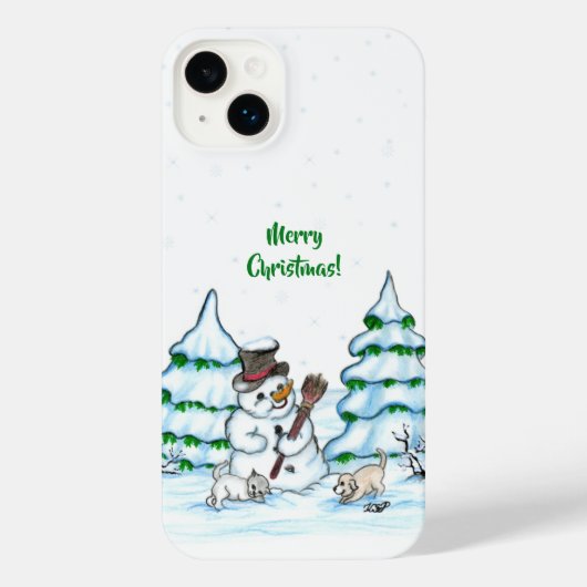 Vrolijk kerstfeest! Snowman met kat en puppy iPhone Hoesje (Achterkant)