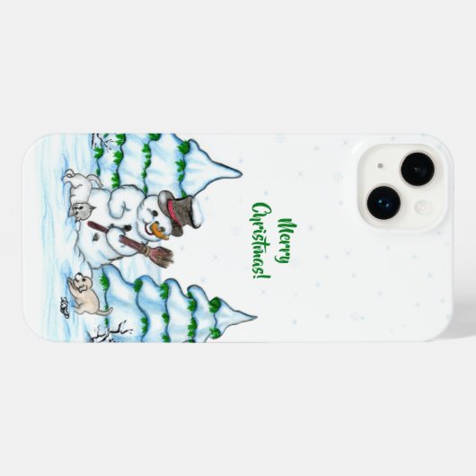 Vrolijk kerstfeest! Snowman met kat en puppy iPhone Hoesje (Achterkant horizontaal)
