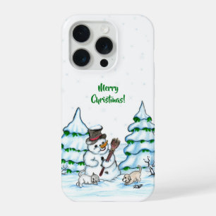 Vrolijk kerstfeest! Snowman met kat en puppy iPhone 15 Pro Case