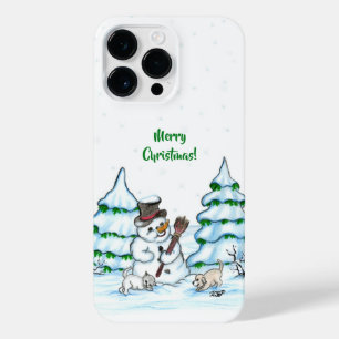 Vrolijk kerstfeest! Snowman met kat en puppy iPhone 14 Pro Max Hoesje