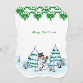 Vrolijk kerstfeest! Snowman met kat en puppy Kaart (Voorkant / Achterkant)